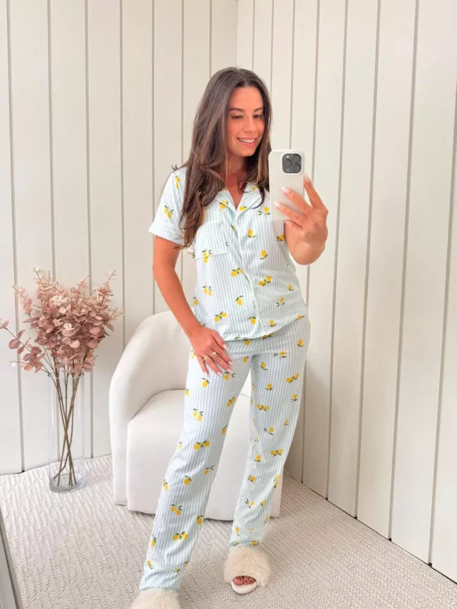 Pijama Feminino Americano Meia Estação Listrado Limão