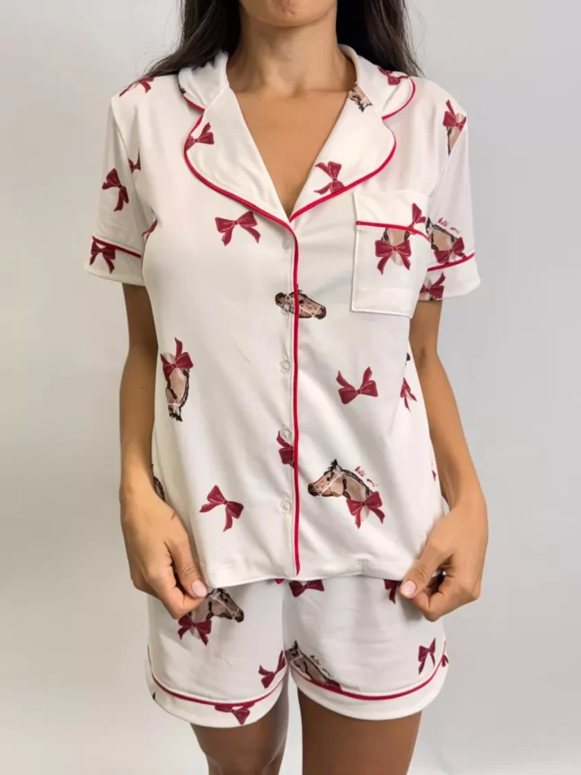 Pijama Feminino Americano Curto Cavalos Laços