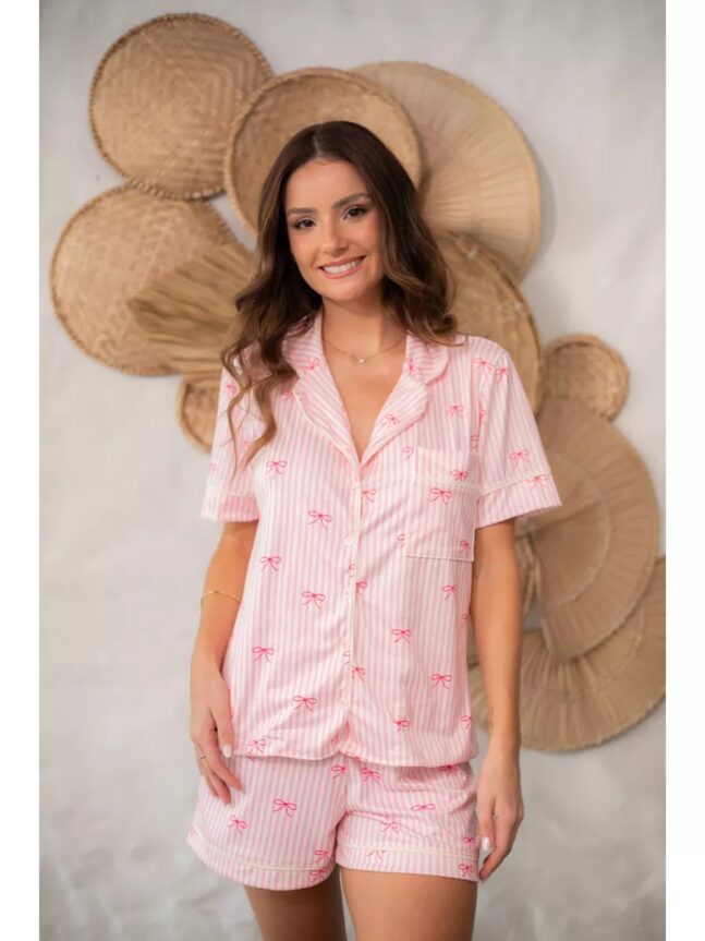 Pijama Feminino Americano Curto Laços Rosa