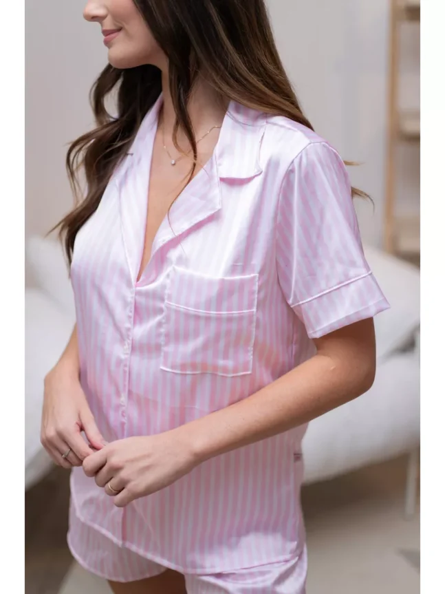 Pijama Feminino Americano Curto Cetim Listrado Rosa